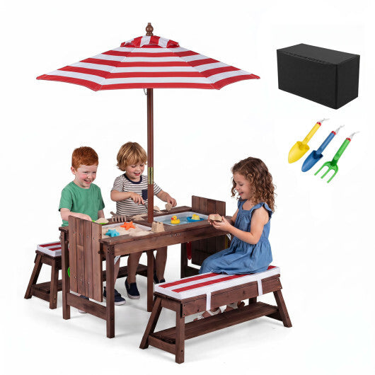 Outdoor Kids Wooden Picnic Table and Benches Set with Umbrella-Red W2B