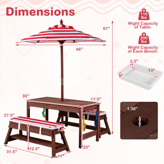 Outdoor Kids Wooden Picnic Table and Benches Set with Umbrella-Red W2B