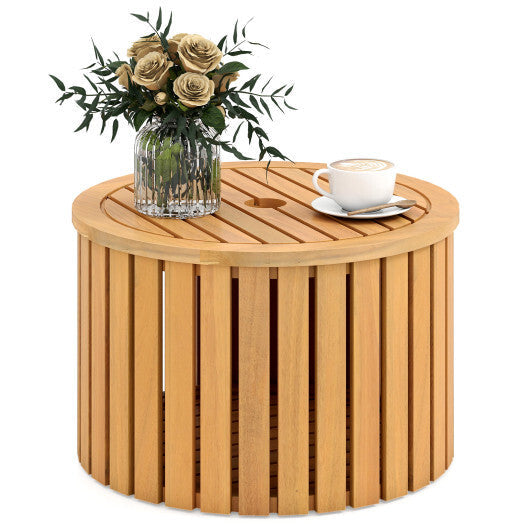 2-in-1 Outdoor Side Table with Storage Acacia Wood Slatted Coffee Table Round Slatted End Storage Box W2B