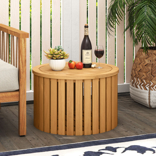 2-in-1 Outdoor Side Table with Storage Acacia Wood Slatted Coffee Table Round Slatted End Storage Box W2B