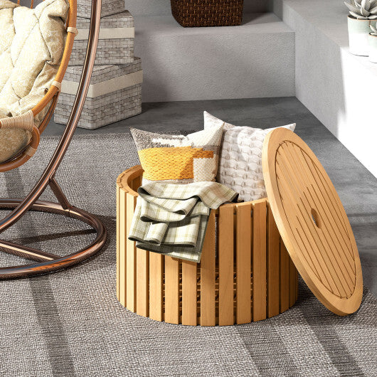 2-in-1 Outdoor Side Table with Storage Acacia Wood Slatted Coffee Table Round Slatted End Storage Box W2B