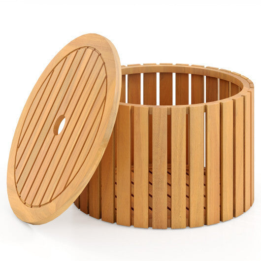 2-in-1 Outdoor Side Table with Storage Acacia Wood Slatted Coffee Table Round Slatted End Storage Box W2B