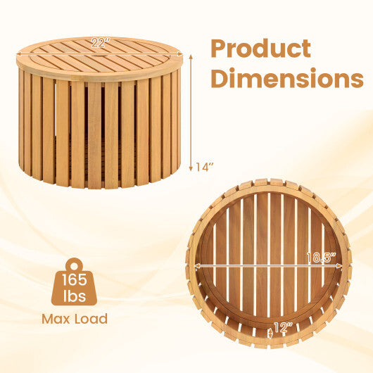 2-in-1 Outdoor Side Table with Storage Acacia Wood Slatted Coffee Table Round Slatted End Storage Box W2B