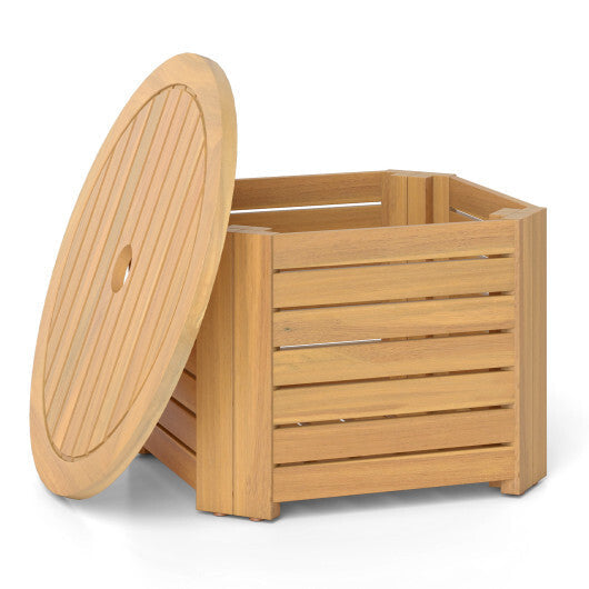 2-in-1 Outdoor Side Table with Storage Acacia Wood Slatted Coffee Table Square and Round Slatted End Storage Box W2B