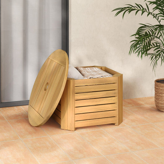 2-in-1 Outdoor Side Table with Storage Acacia Wood Slatted Coffee Table Square and Round Slatted End Storage Box W2B
