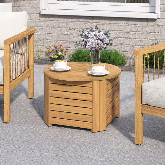 2-in-1 Outdoor Side Table with Storage Acacia Wood Slatted Coffee Table Square and Round Slatted End Storage Box W2B