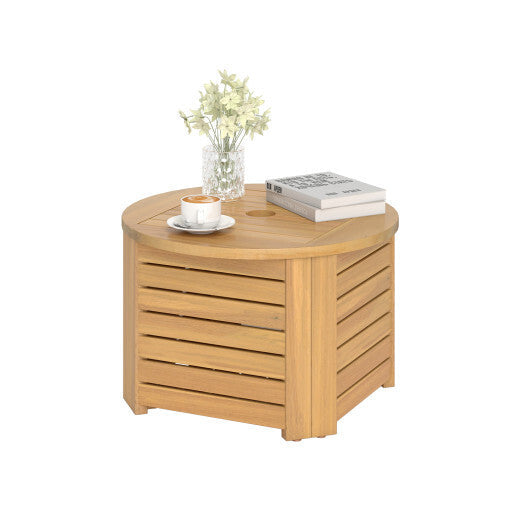 2-in-1 Outdoor Side Table with Storage Acacia Wood Slatted Coffee Table Square and Round Slatted End Storage Box W2B