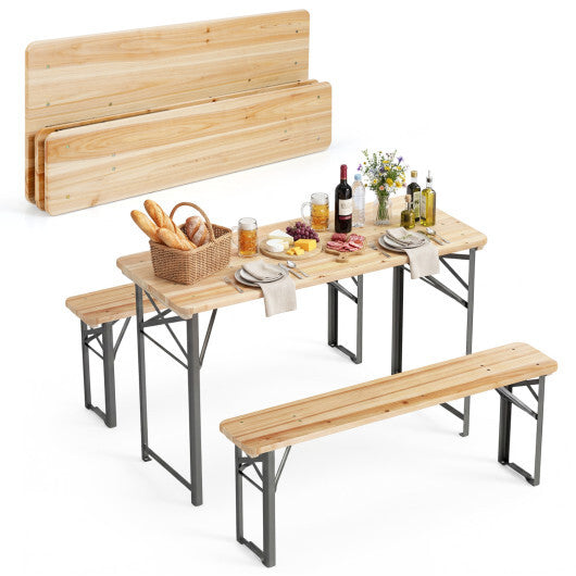 3-Piece Folding Picnic Table with Benches Fir Wood Portable Bear Camping SET-Natural W2B