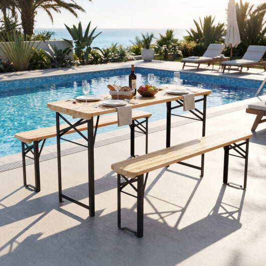 3-Piece Folding Picnic Table with Benches Fir Wood Portable Bear Camping SET-Natural W2B
