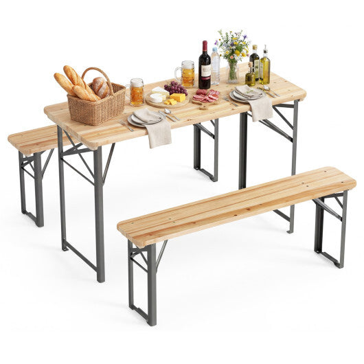 3-Piece Folding Picnic Table with Benches Fir Wood Portable Bear Camping SET-Natural W2B