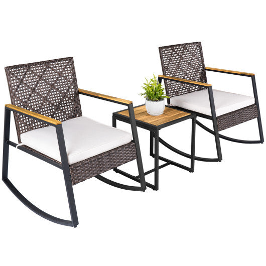 3-Piece Wicker Rocking Chair Set with Coffee Table and Cushions for Porch-Beige W2B