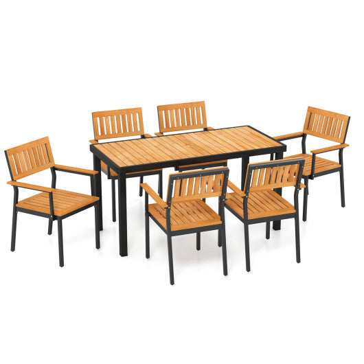 7-Piece Outdoor Dining Set for 6 with Acacia Table & Armchairs and Umbrella Hole W2B