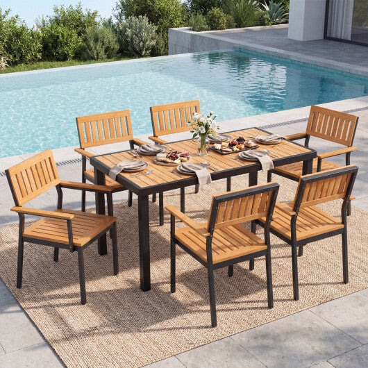 7-Piece Outdoor Dining Set for 6 with Acacia Table & Armchairs and Umbrella Hole W2B