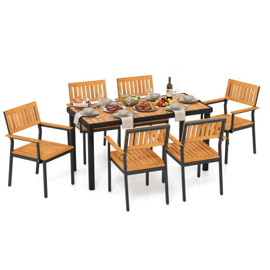 7-Piece Outdoor Dining Set for 6 with Acacia Table & Armchairs and Umbrella Hole W2B