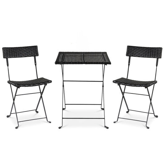 3-Piece Folding Bistro Set with PE Wicker and X-Shaped Metal Frame-Black W2B