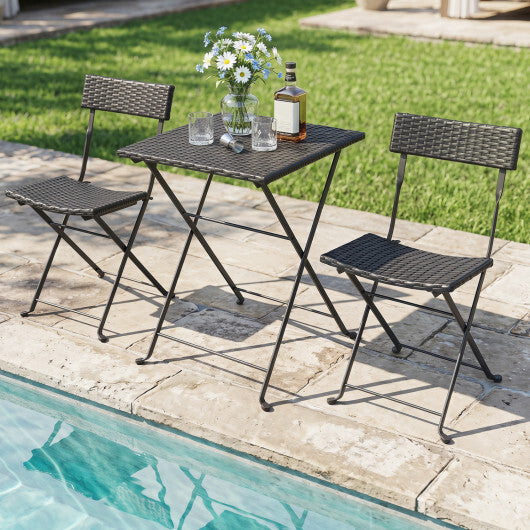 3-Piece Folding Bistro Set with PE Wicker and X-Shaped Metal Frame-Black W2B