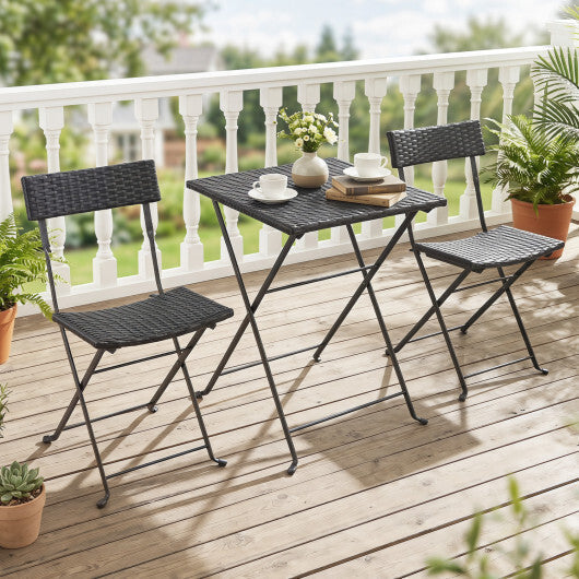 3-Piece Folding Bistro Set with PE Wicker and X-Shaped Metal Frame-Black W2B