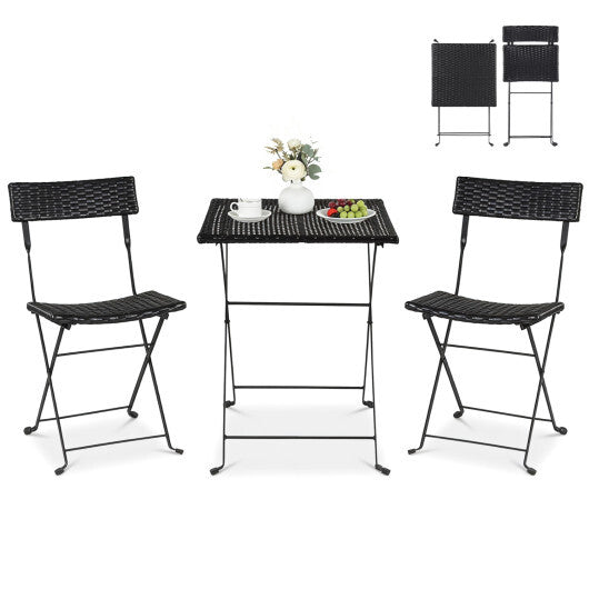 3-Piece Folding Bistro Set with PE Wicker and X-Shaped Metal Frame-Black W2B