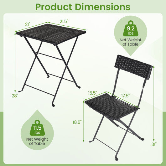 3-Piece Folding Bistro Set with PE Wicker and X-Shaped Metal Frame-Black W2B