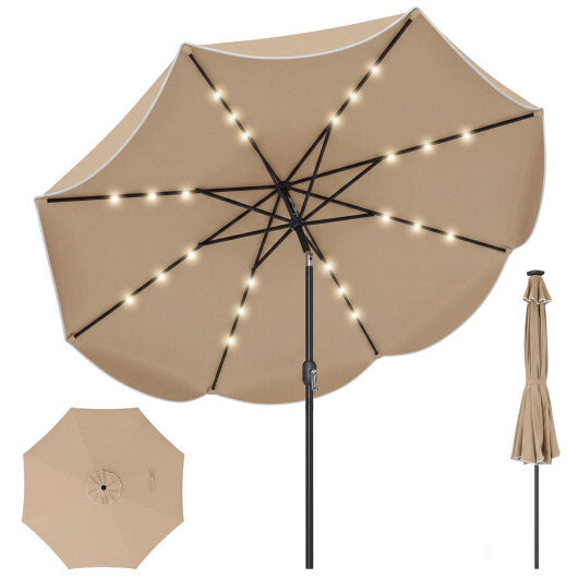 9 FT Scalloped Solar Patio Umbrella Market Table Umbrella with 24 LED Lights-Tan W2B