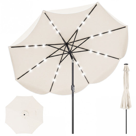 9 FT Scalloped Solar Patio Umbrella Market Table Umbrella with 24 LED Lights-Tan W2B