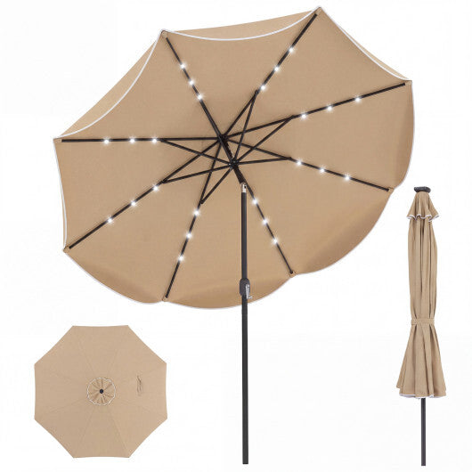10 FT Scalloped Solar Patio Umbrella with 24 LED Lights and Tilt Adjustment-Beige W2B