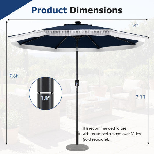 9 Feet Solar Patio Umbrella with 24 LED Lights for Yard-Navy W2B