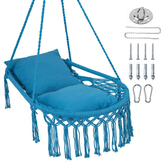 Macrame Swing Chair Hammock Chair with 2 Removable Cushions-Navy W2B