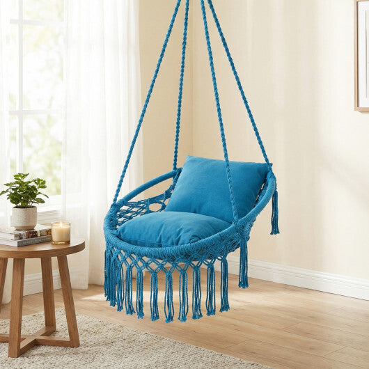 Macrame Swing Chair Hammock Chair with 2 Removable Cushions-Navy W2B