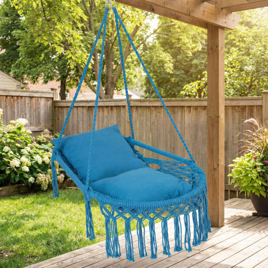 Macrame Swing Chair Hammock Chair with 2 Removable Cushions-Navy W2B