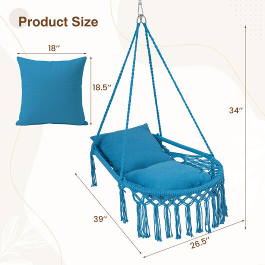 Macrame Swing Chair Hammock Chair with 2 Removable Cushions-Navy W2B