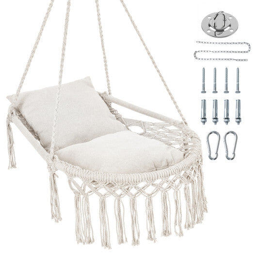 Macrame Swing Chair Hammock Chair with 2 Removable Cushions-Navy W2B