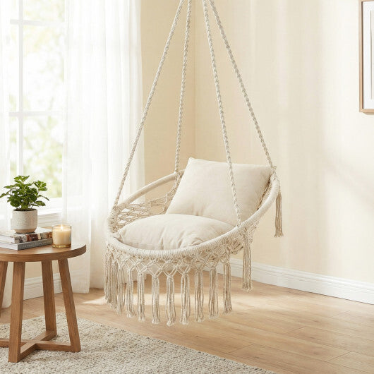 Macrame Swing Chair Hammock Chair with 2 Removable Cushions-Navy W2B