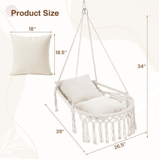 Macrame Swing Chair Hammock Chair with 2 Removable Cushions-Navy W2B