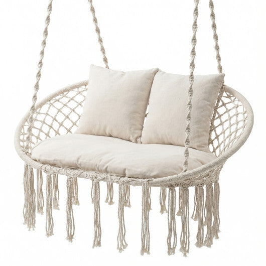 Double Swing Chair with Cushions Macrame Hanging Hammock Chair for Indoor and Outdoor Use-Beige W2B