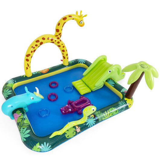 Inflatable Play Center Jungle Animal Spray Pool with Slide Giraffe-shaped Sprinkle W2B