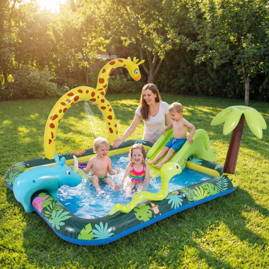 Inflatable Play Center Jungle Animal Spray Pool with Slide Giraffe-shaped Sprinkle W2B