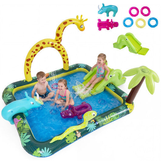 Inflatable Play Center Jungle Animal Spray Pool with Slide Giraffe-shaped Sprinkle W2B