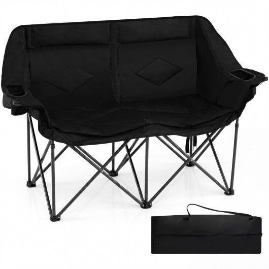 Double Camping Chair with Cup Holders Glass Racks and Mesh Pockets-Black W2B
