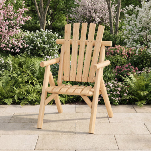 Log Wood Patio Chair with Slatted Backrest for Deck Backyard-Brown W2B
