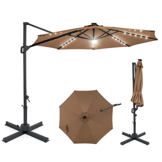 10 FT Cantilever Patio Umbrella with Solar LED Lights 360? Rotation-Brown W2B