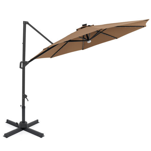 10 FT Cantilever Patio Umbrella with Solar LED Lights 360? Rotation-Brown W2B