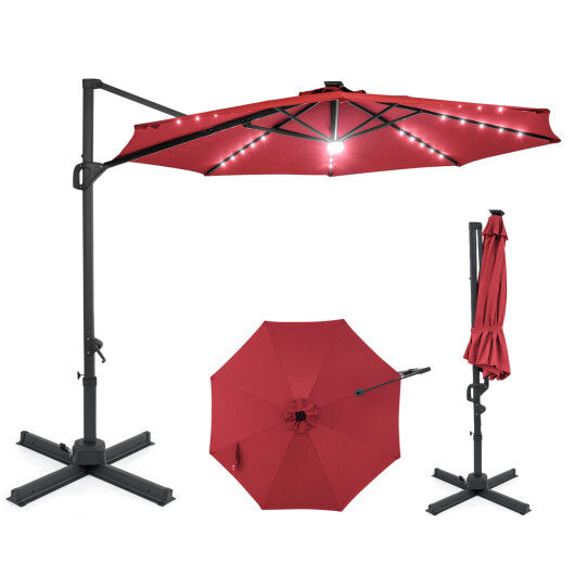 10 FT Cantilever Patio Umbrella with Solar LED Lights 360? Rotation-Brown W2B