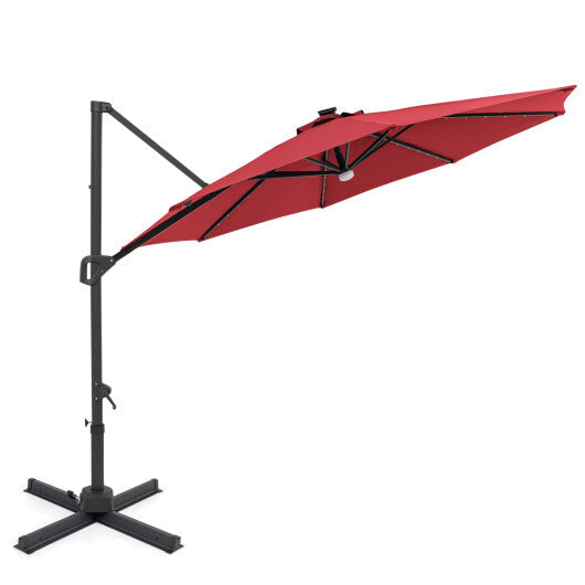 10 FT Cantilever Patio Umbrella with Solar LED Lights 360? Rotation-Brown W2B