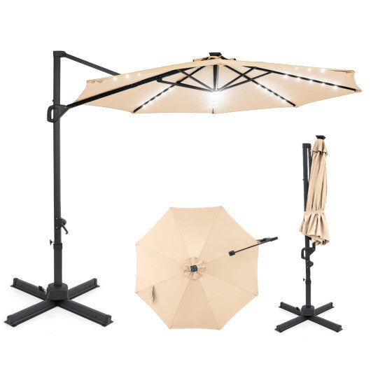 10 FT Cantilever Patio Umbrella with Solar LED Lights 360? Rotation-Brown W2B