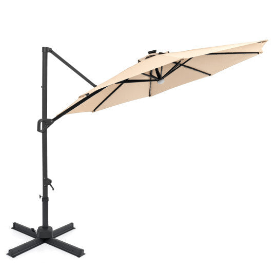 10 FT Cantilever Patio Umbrella with Solar LED Lights 360? Rotation-Brown W2B