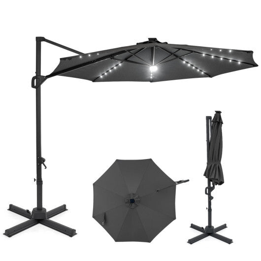 10 FT Cantilever Patio Umbrella with Solar LED Lights 360? Rotation-Brown W2B