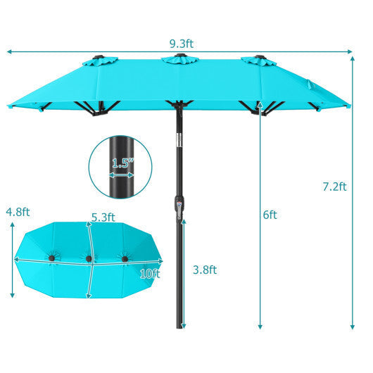 Double-Sided Patio Umbrella with Push Button Tilt Crank Handle-Turquoise W2B