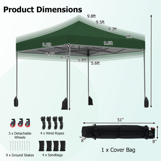 9.5 x 9.5 Feet Pop up Canopy Tent with Adjustable Heights-Green W2B