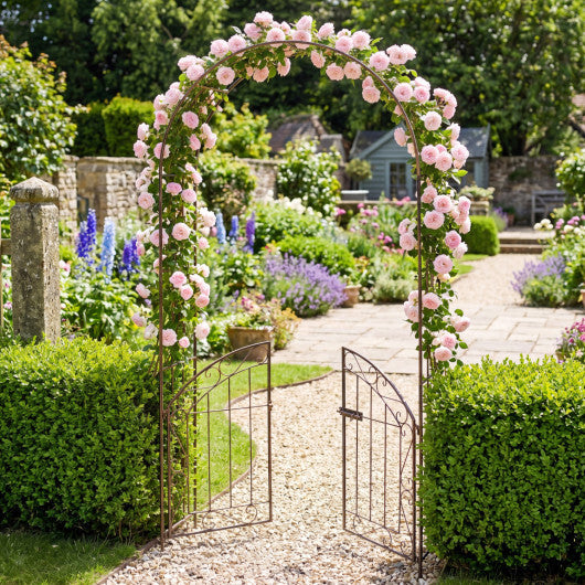 Heavy-Duty Metal Garden Arch with Gate and Safety Latch-Bronze W2B